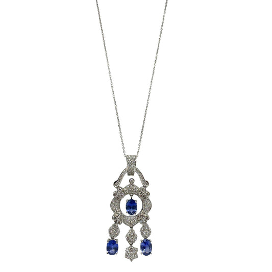 18K White Gold Diamond and Sapphire Pendant Necklace