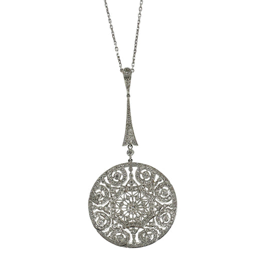 18K White Gold Filigree Diamond Pendant Necklace