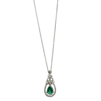 18K White Gold Pear Cut Emerald and Diamond Pendant Necklace