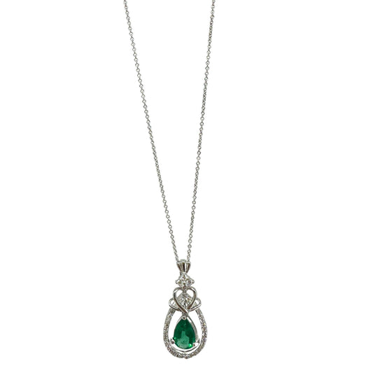 18K White Gold Pear Cut Emerald and Diamond Pendant Necklace