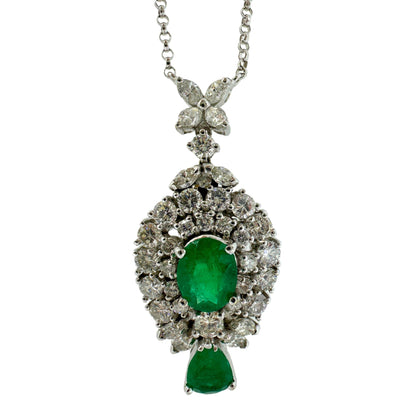 18K White Gold Oval and Pear Cut Emerald and Diamond Necklace