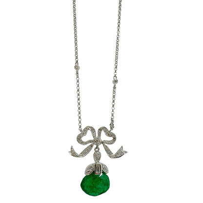 18K White Gold Emerald and Diamond Bow Necklace