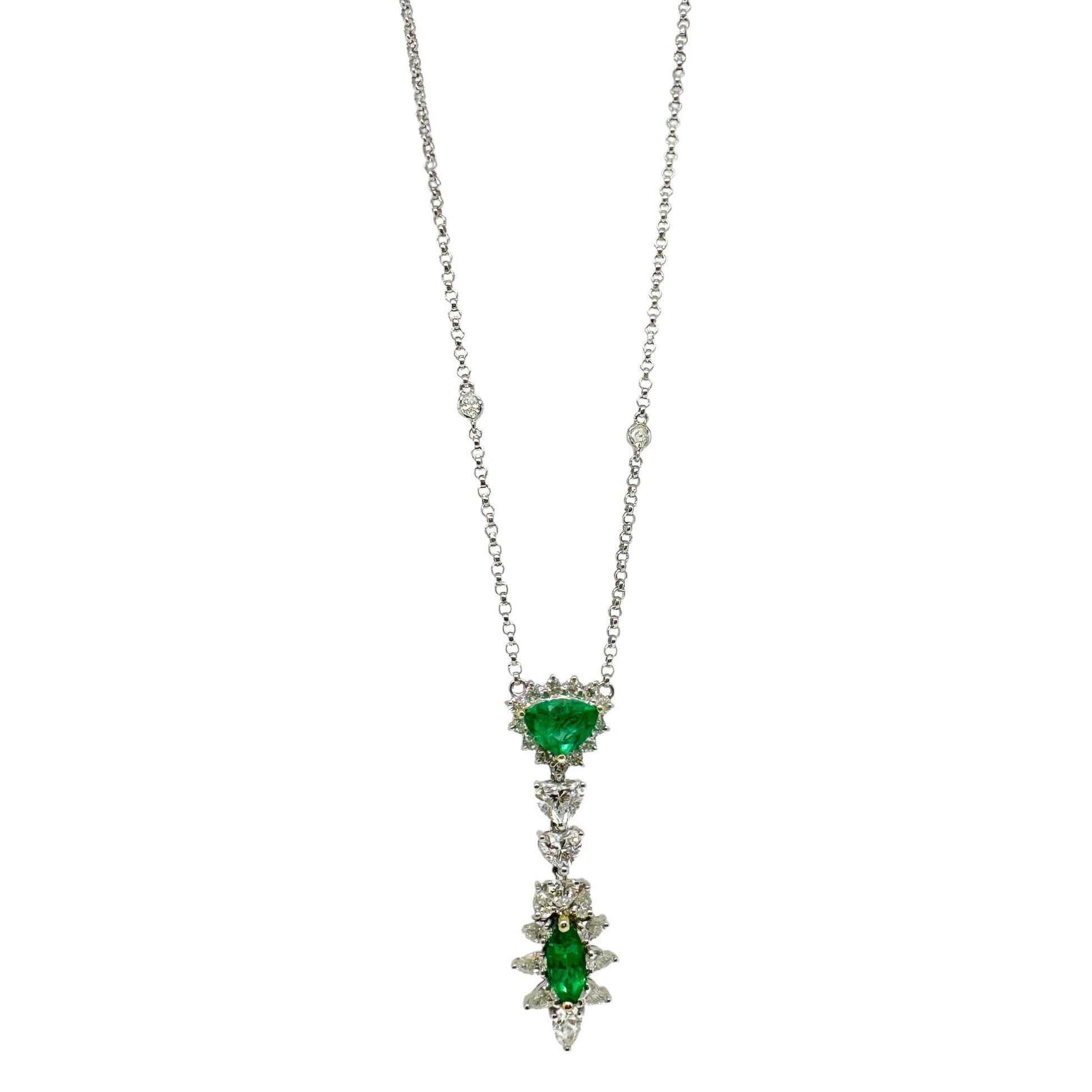 18k White Gold Pear,Heart Cut Diamond and Marquise,Trillion Cut Emerald Necklace