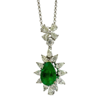 18K White Gold Pear Cut Diamond and Pear Cut Emerald Necklace