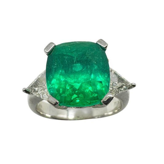 18k White Gold Columbian Cushion Natural Emerald and Trillion Cut Diamond Ring