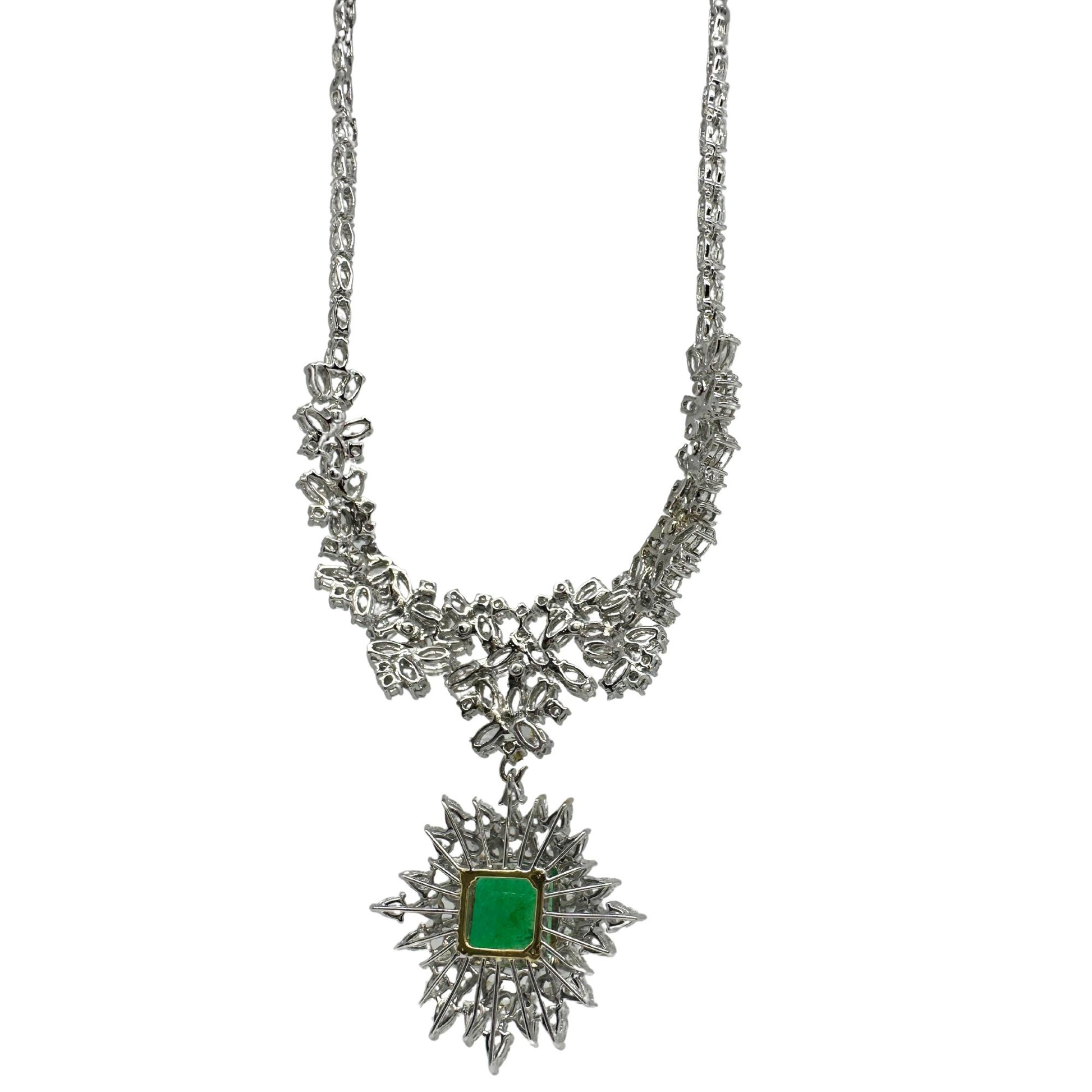 18K Two Tone Pear and Marquise Cut Diamond and Emerald Cut Emerald Necklace