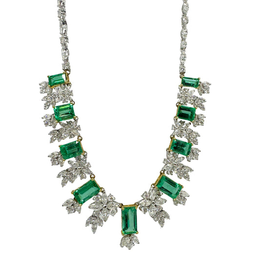 18K Yellow and White Gold Marquise Cut Diamond and Emerald Necklace