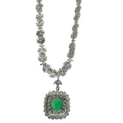 18K White Gold Diamond and Round Emerald Drop Necklace