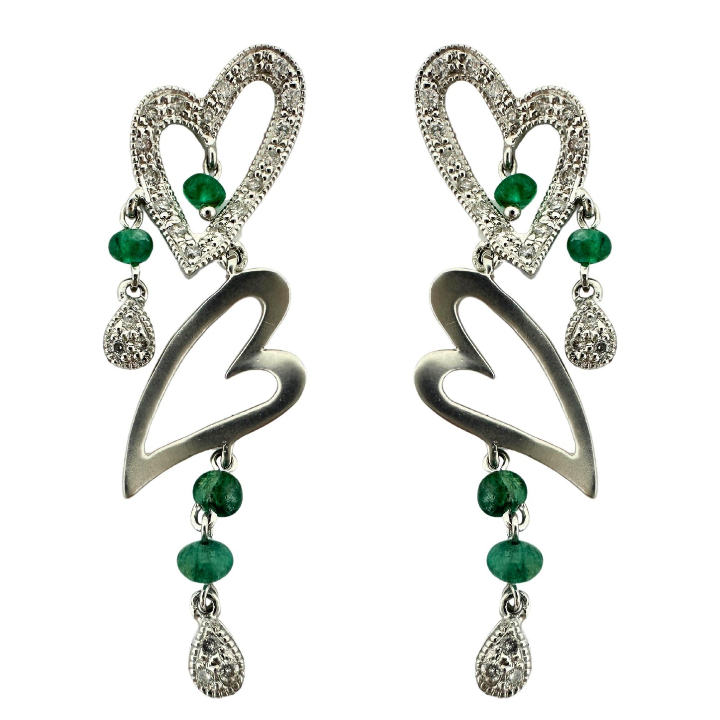 18k White Gold Diamond and Emerald Heart Drop Earrings