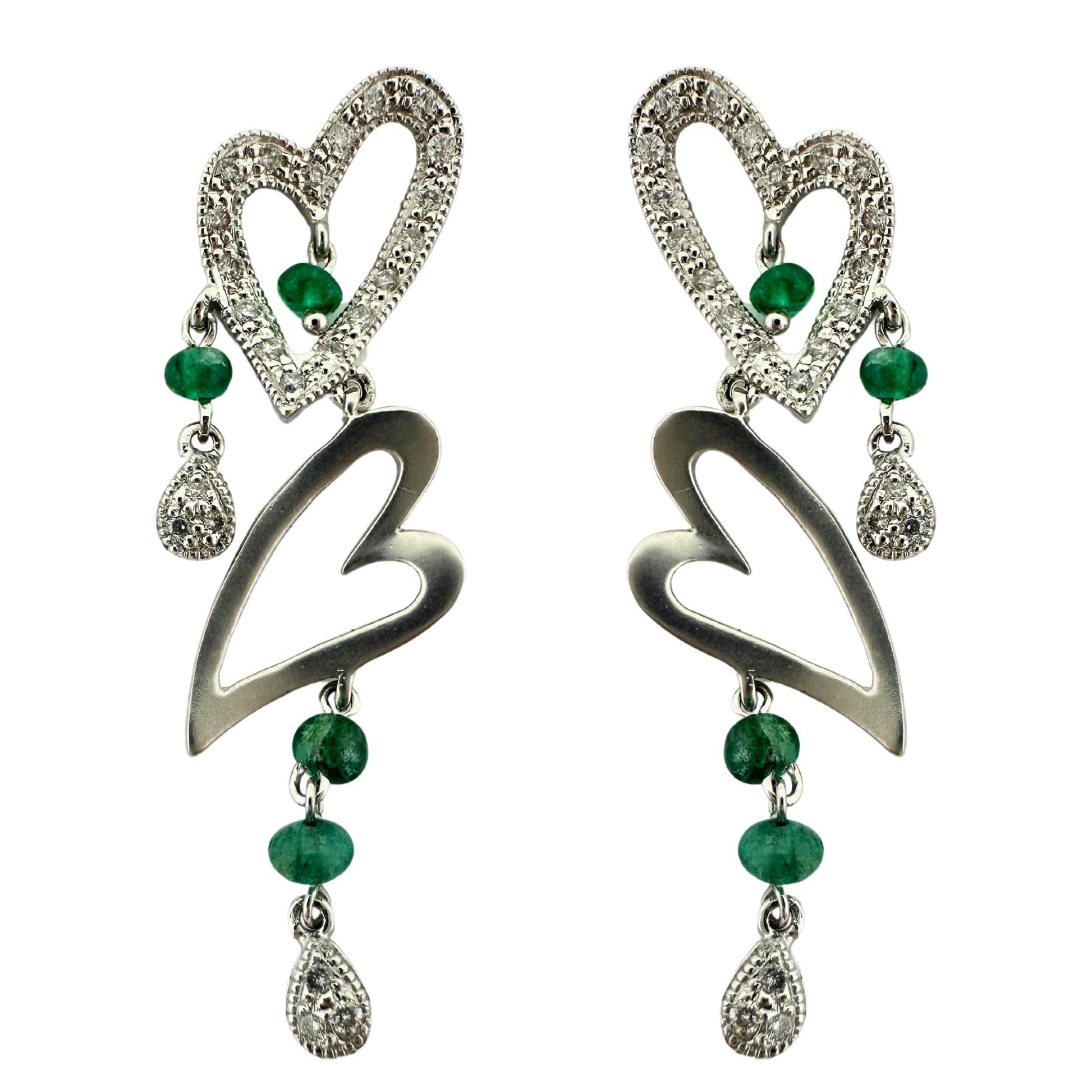 18k White Gold Diamond and Emerald Heart Drop Earrings