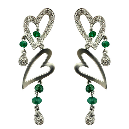 18k White Gold Diamond and Emerald Heart Drop Earrings