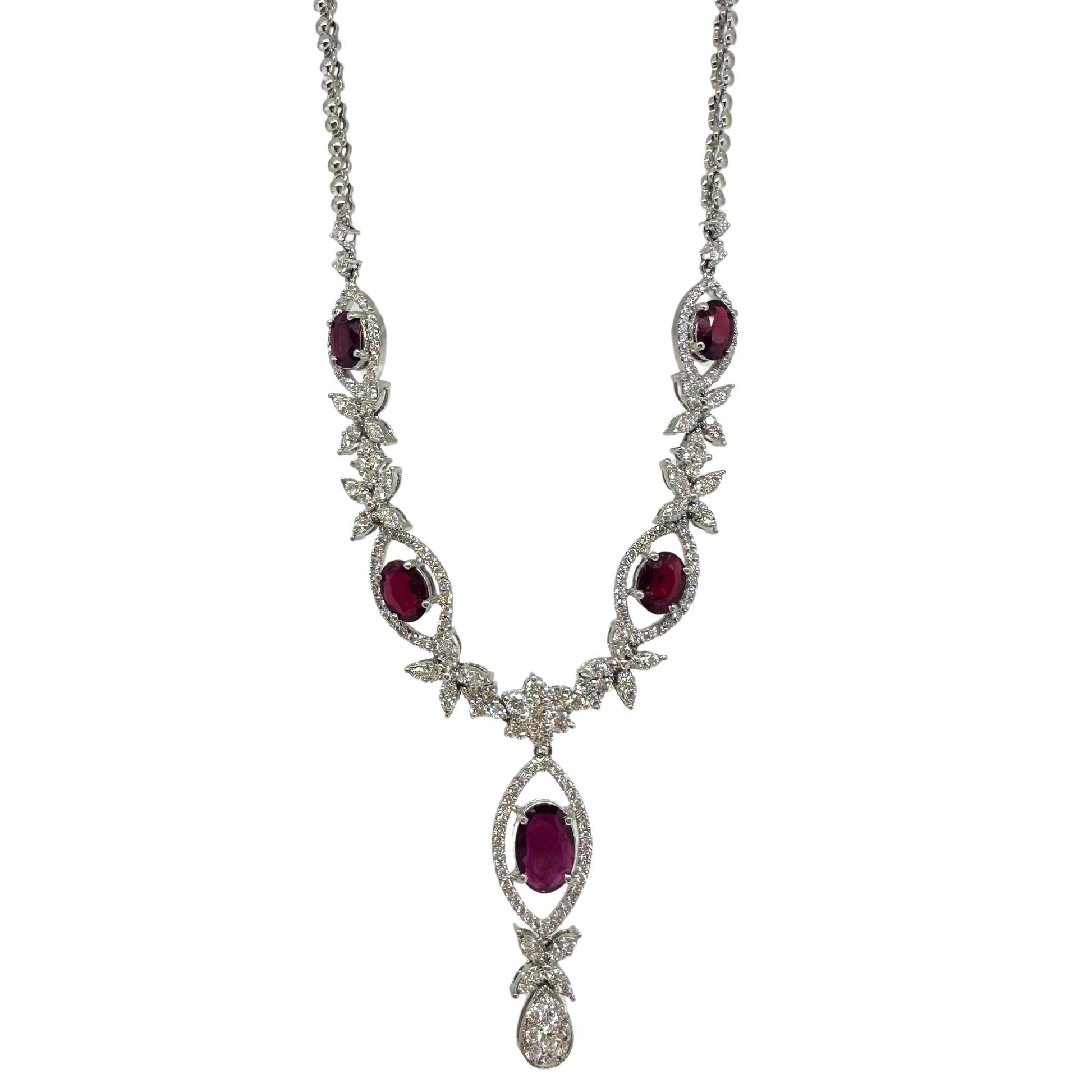 18K White Gold Diamond and Oval Ruby Necklace