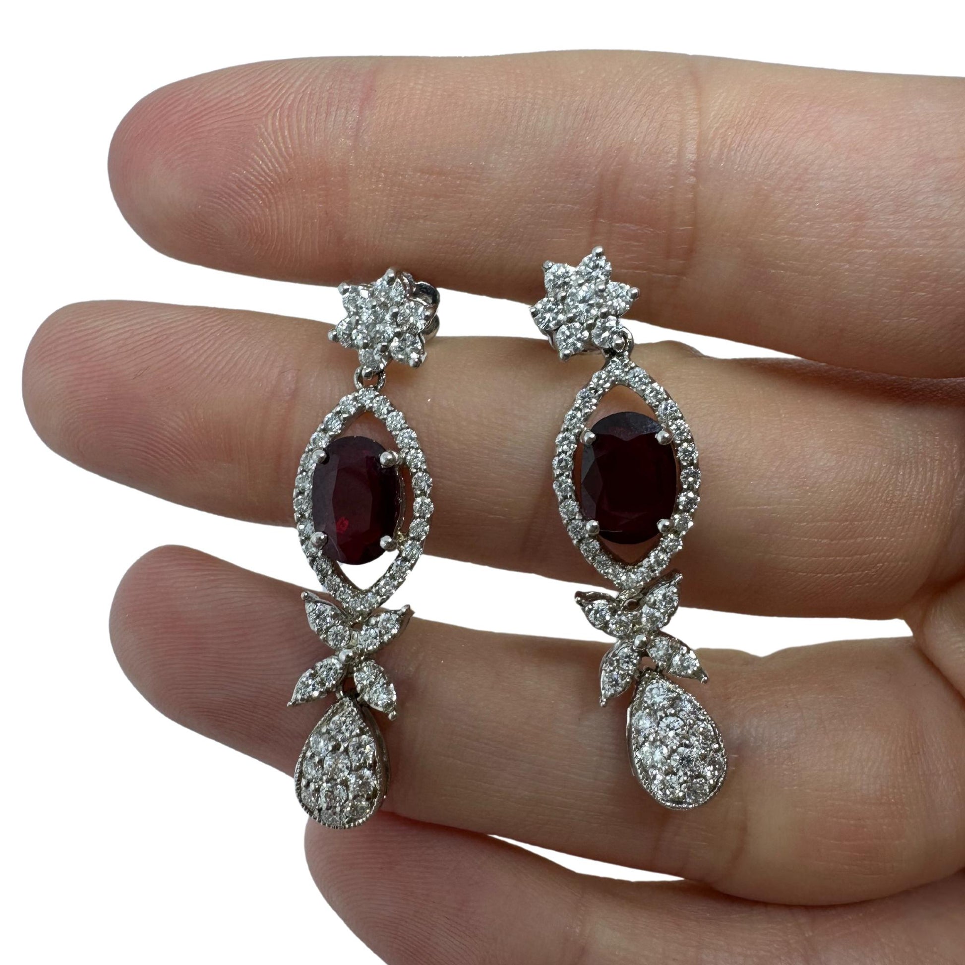 18k White Gold Diamond and Oval Ruby Earrings