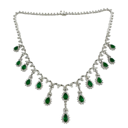 18K White Gold Diamond and Pear Cut Emerald Necklace