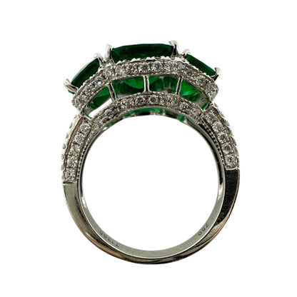 18K White Gold Diamond and Emerald Three Stone Ring