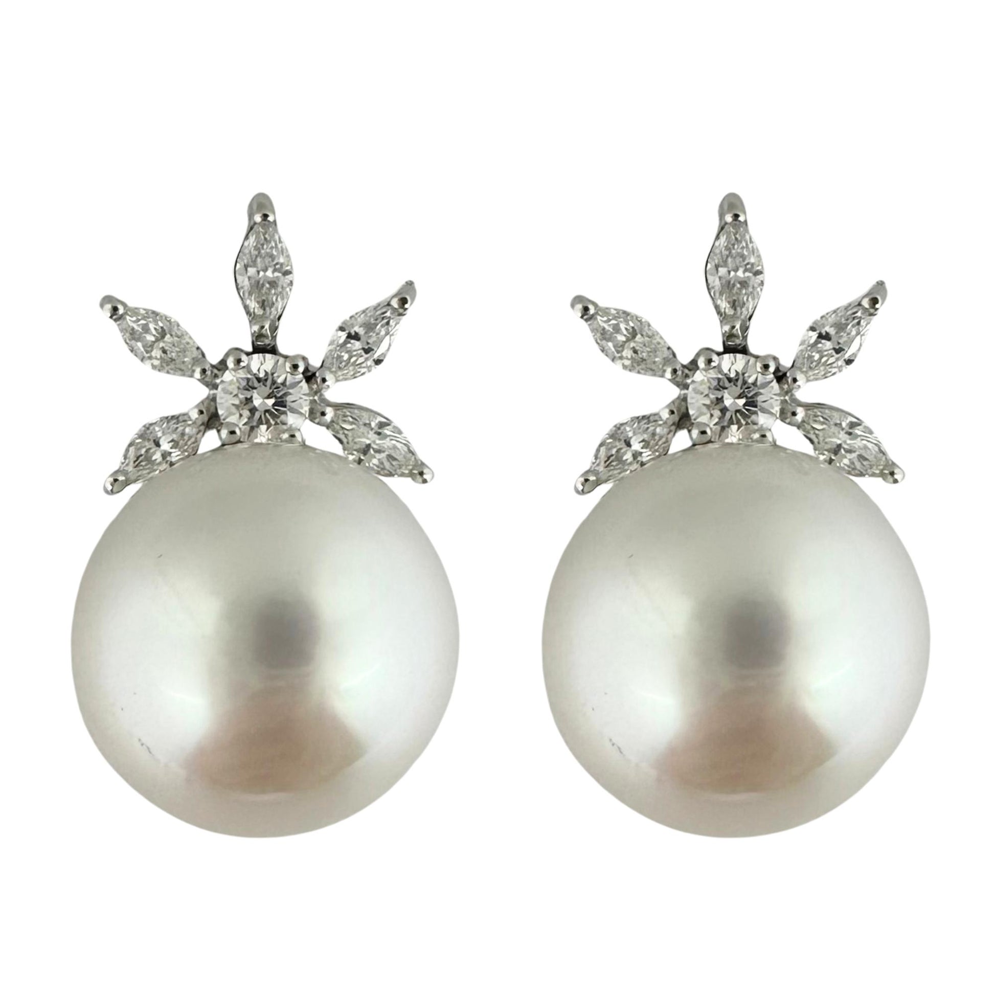 18K White Gold Marquise Cut Diamond and Pearl Earrings