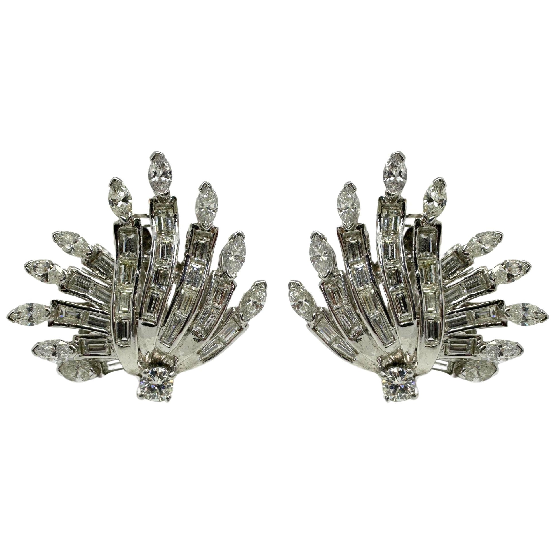 Platinum Marquise and Baguette Cut Diamond Earrings