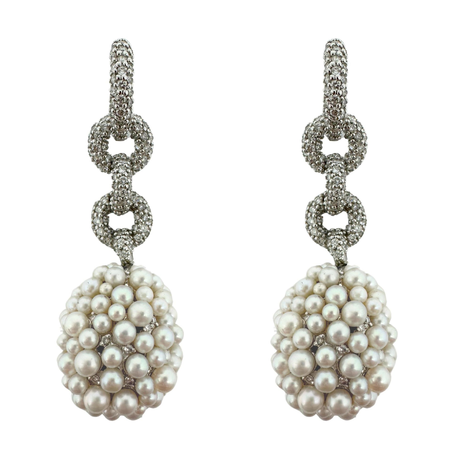 18K White Gold Diamond and Pearl Drop Earrings