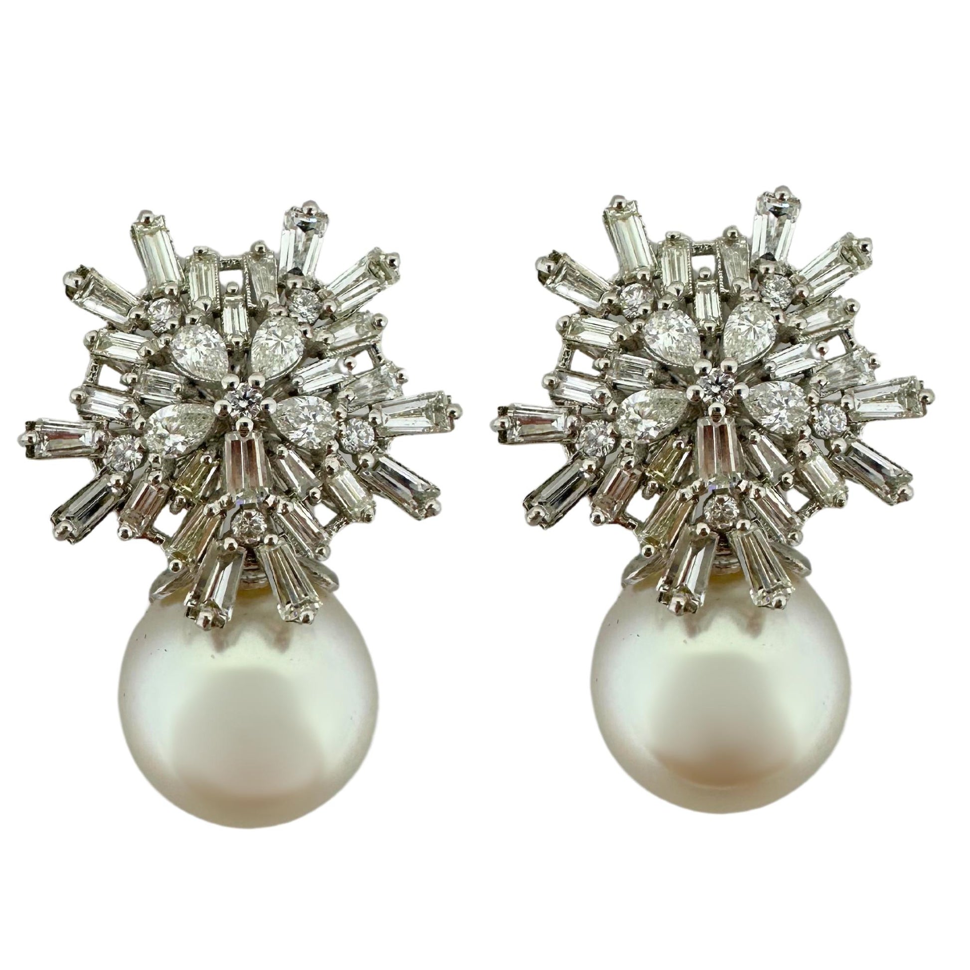 18K White Gold Baguette and Pear Cut Diamond and Pearl Earrings