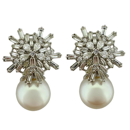 18K White Gold Baguette and Pear Cut Diamond and Pearl Earrings
