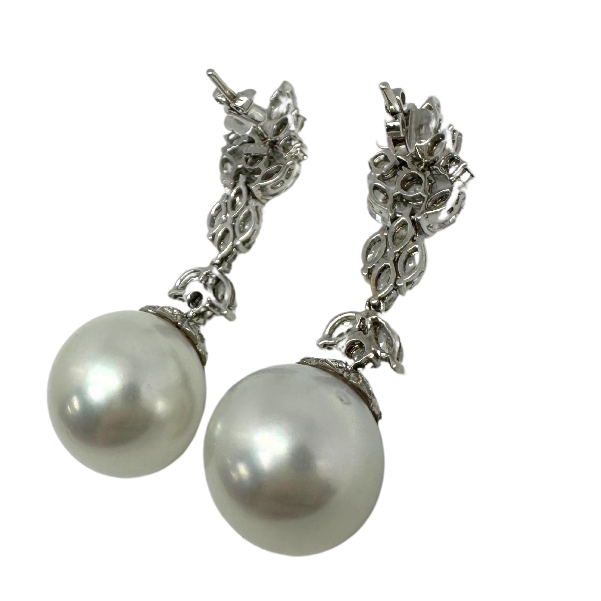 18K White Gold Marquise Cut Diamond and Pearl Drop Earrings