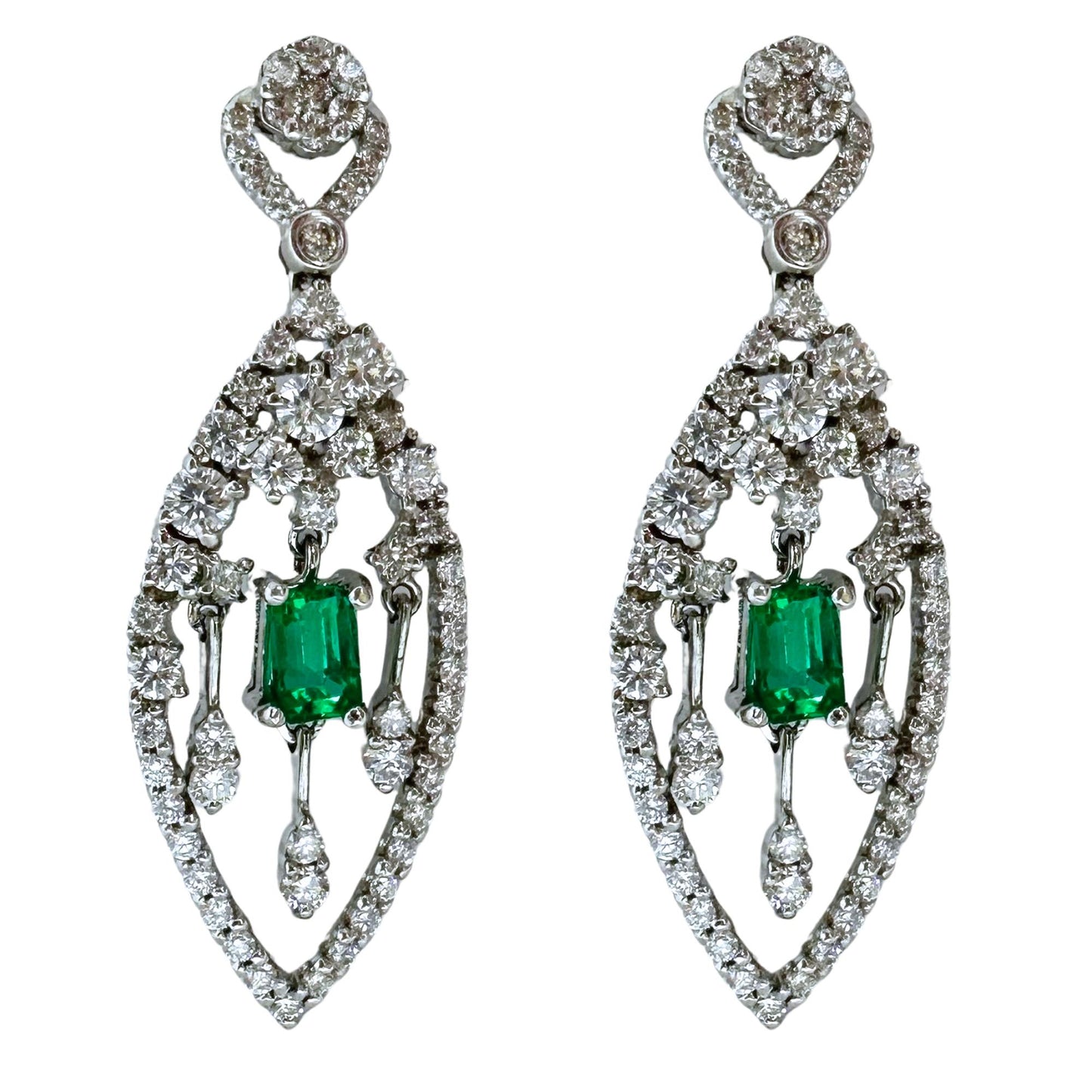 18K White Gold Diamond and Emerald Drop Earrings