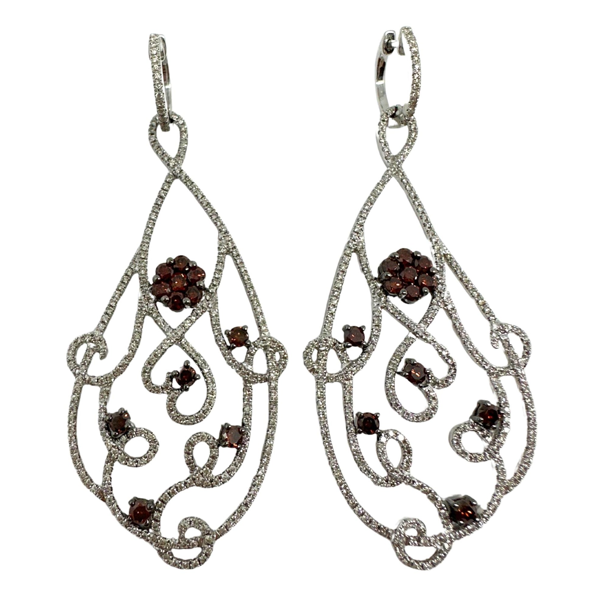 18K White Gold Brown and White Diamond Flower Drop Earrings