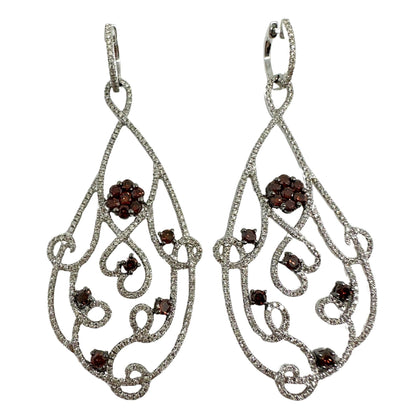 18K White Gold Brown and White Diamond Flower Drop Earrings