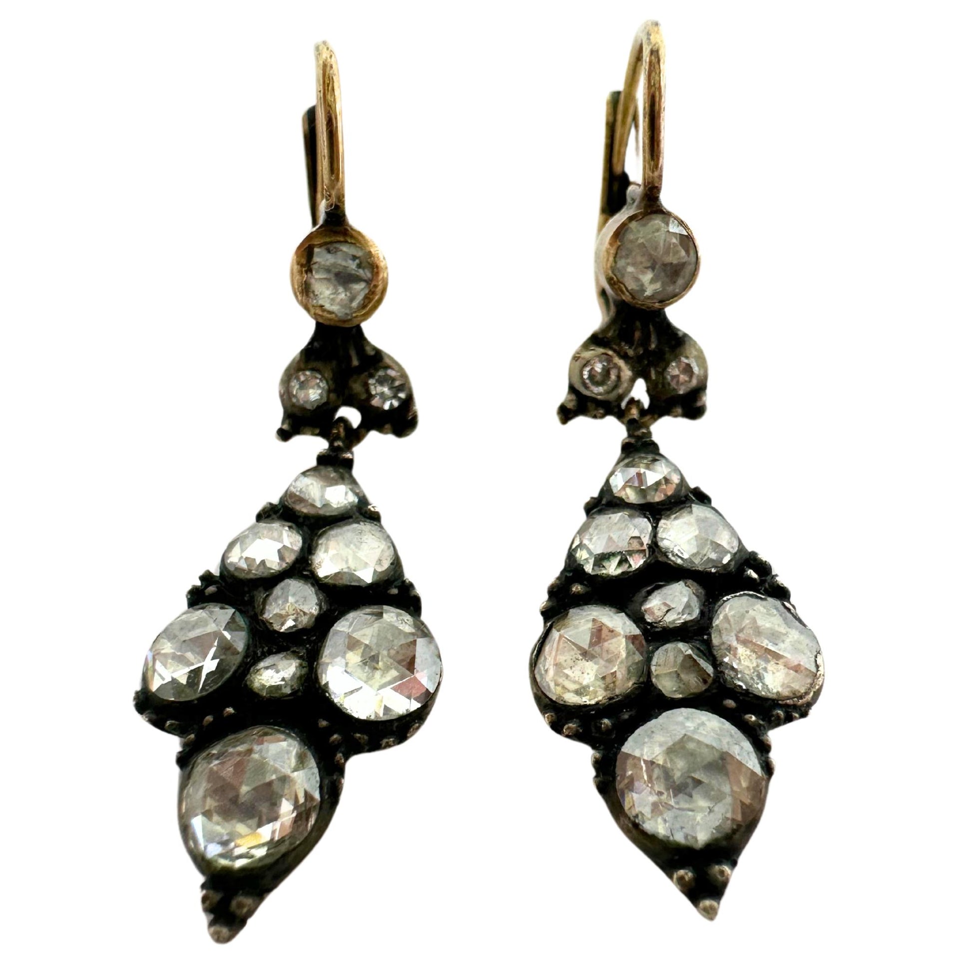 Late Georgian Gold and Silver Top Rose Cut Diamond Earrings