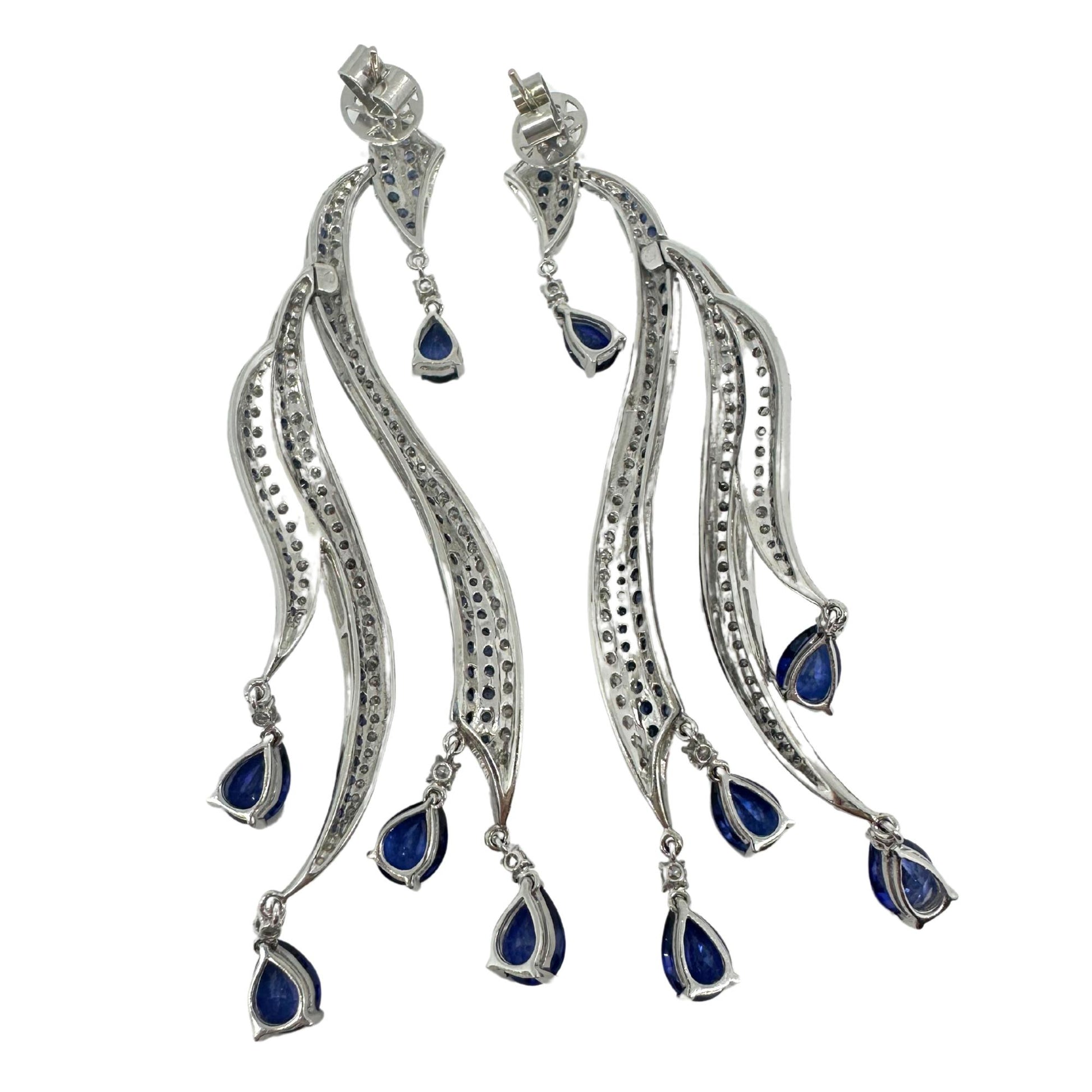 18K White Gold Diamond and Pear Cut Sapphire Flowing Casade Earrings