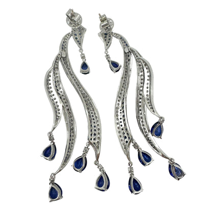 18K White Gold Diamond and Pear Cut Sapphire Flowing Casade Earrings