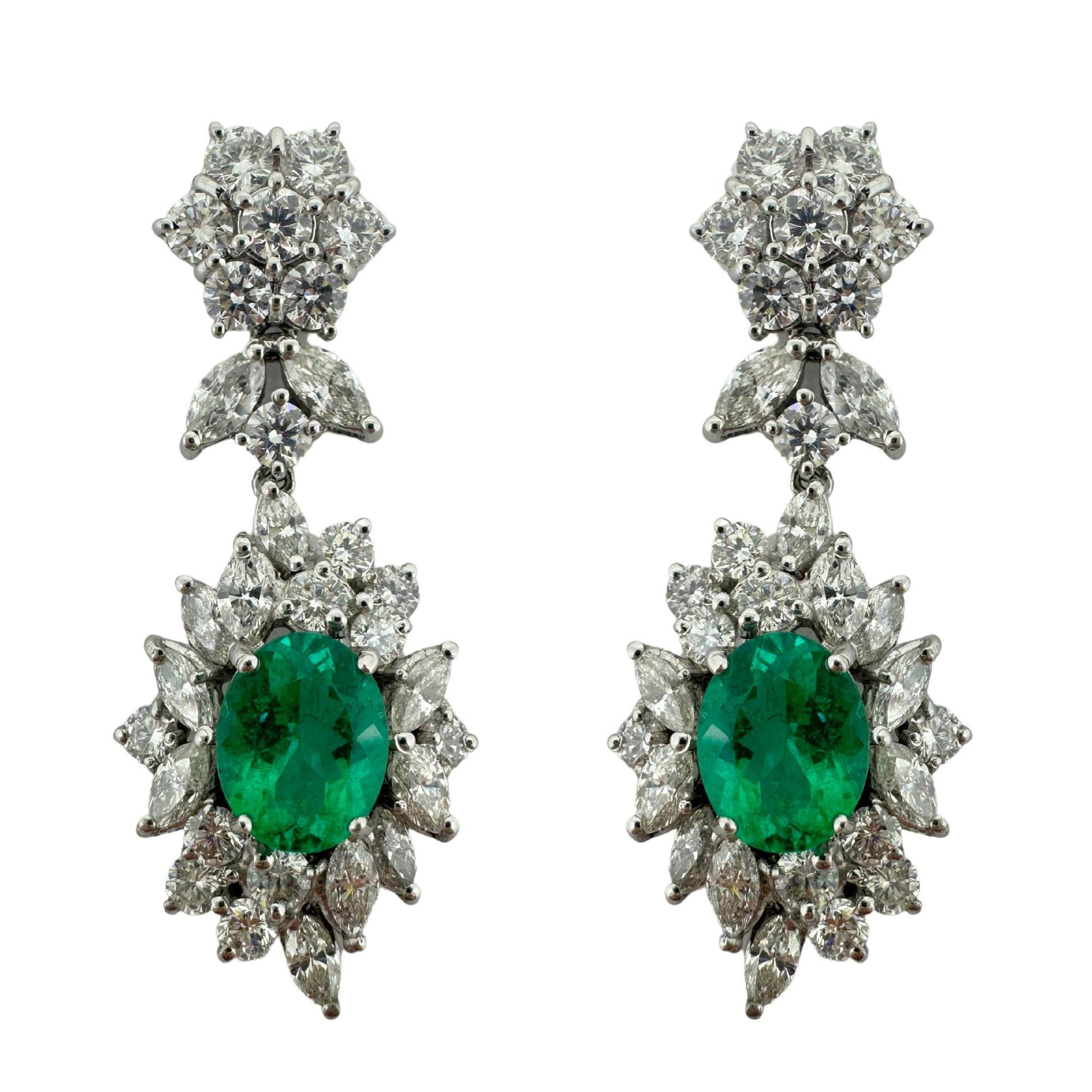 18K White Gold Marquise Cut Diamond and Emerald Drop Earrings