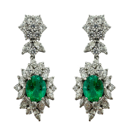 18K White Gold Marquise Cut Diamond and Emerald Drop Earrings