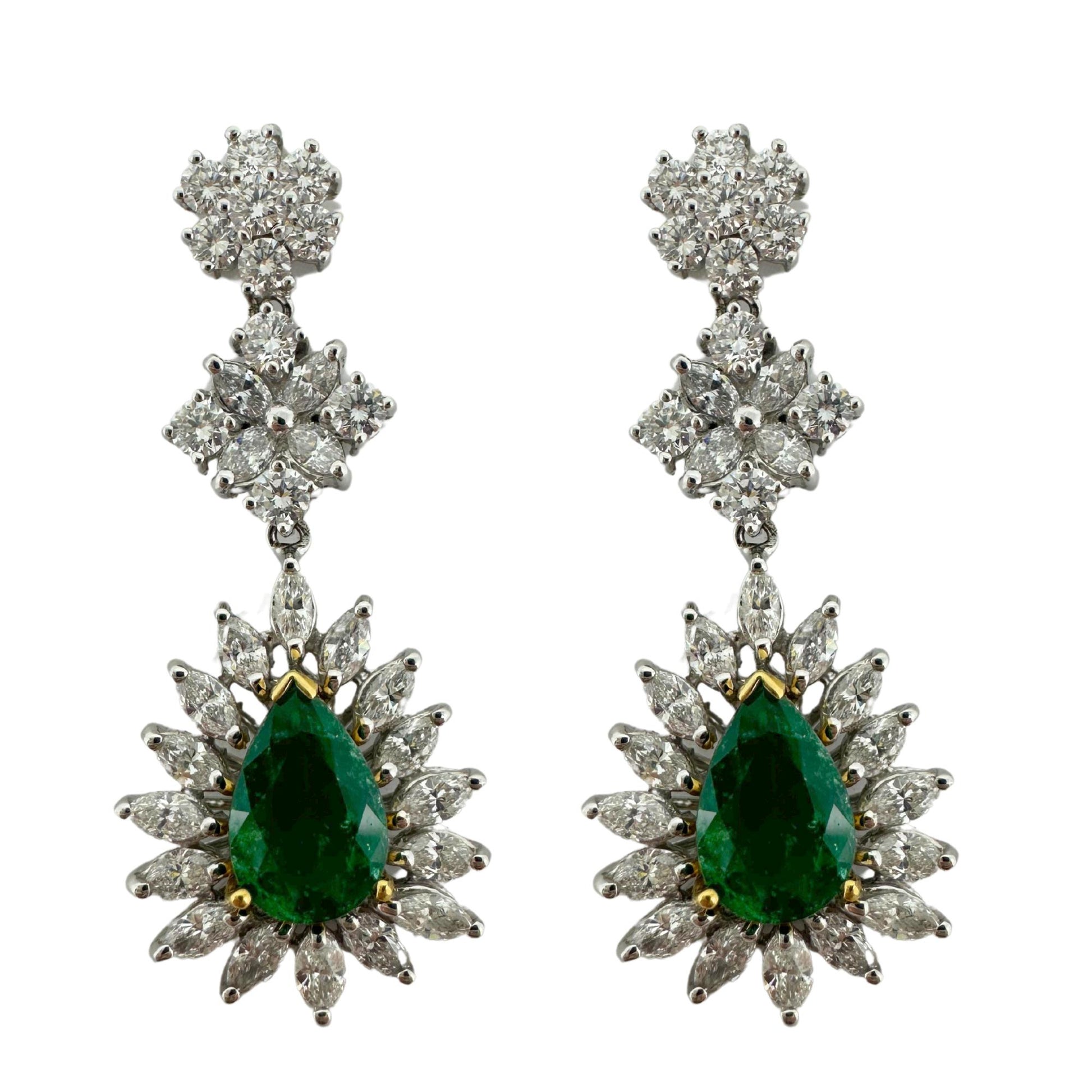 18K Two Tone Marquise Cut Diamond and Pear Cut Emerald Drop Earrings