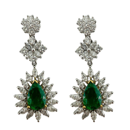 18K Two Tone Marquise Cut Diamond and Pear Cut Emerald Drop Earrings