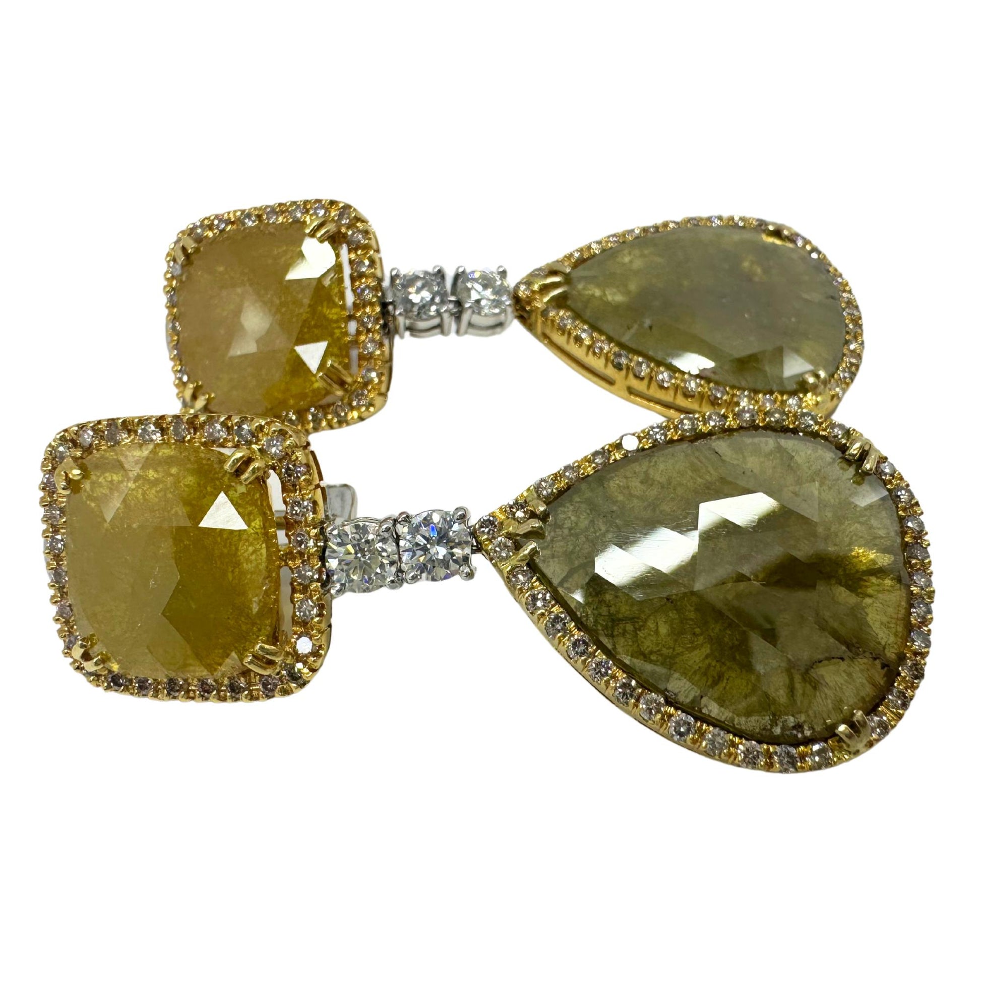 18K Yellow Gold White and Natural Rough Cut Greenish-Yellow Diamond Earrings