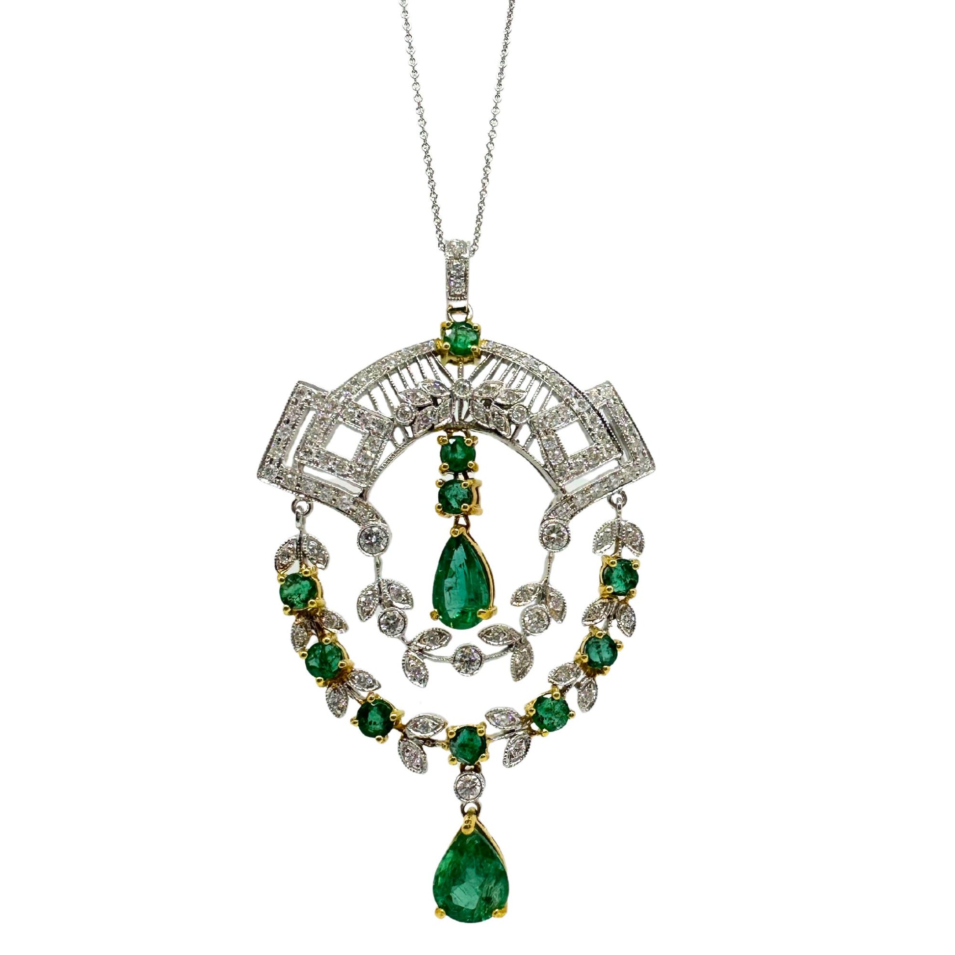 18K Two Tone Diamond and Emerald Pendant Necklace