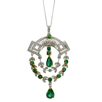 18K Two Tone Diamond and Emerald Pendant Necklace