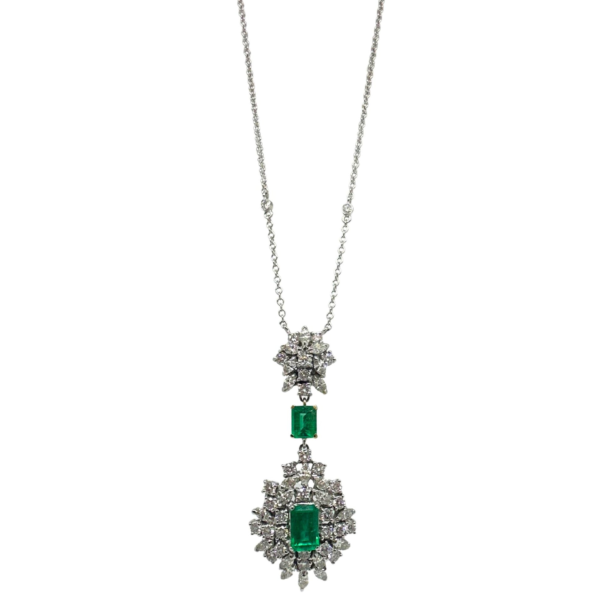 18K Two Tone Diamond and Emerald Pendant Necklace