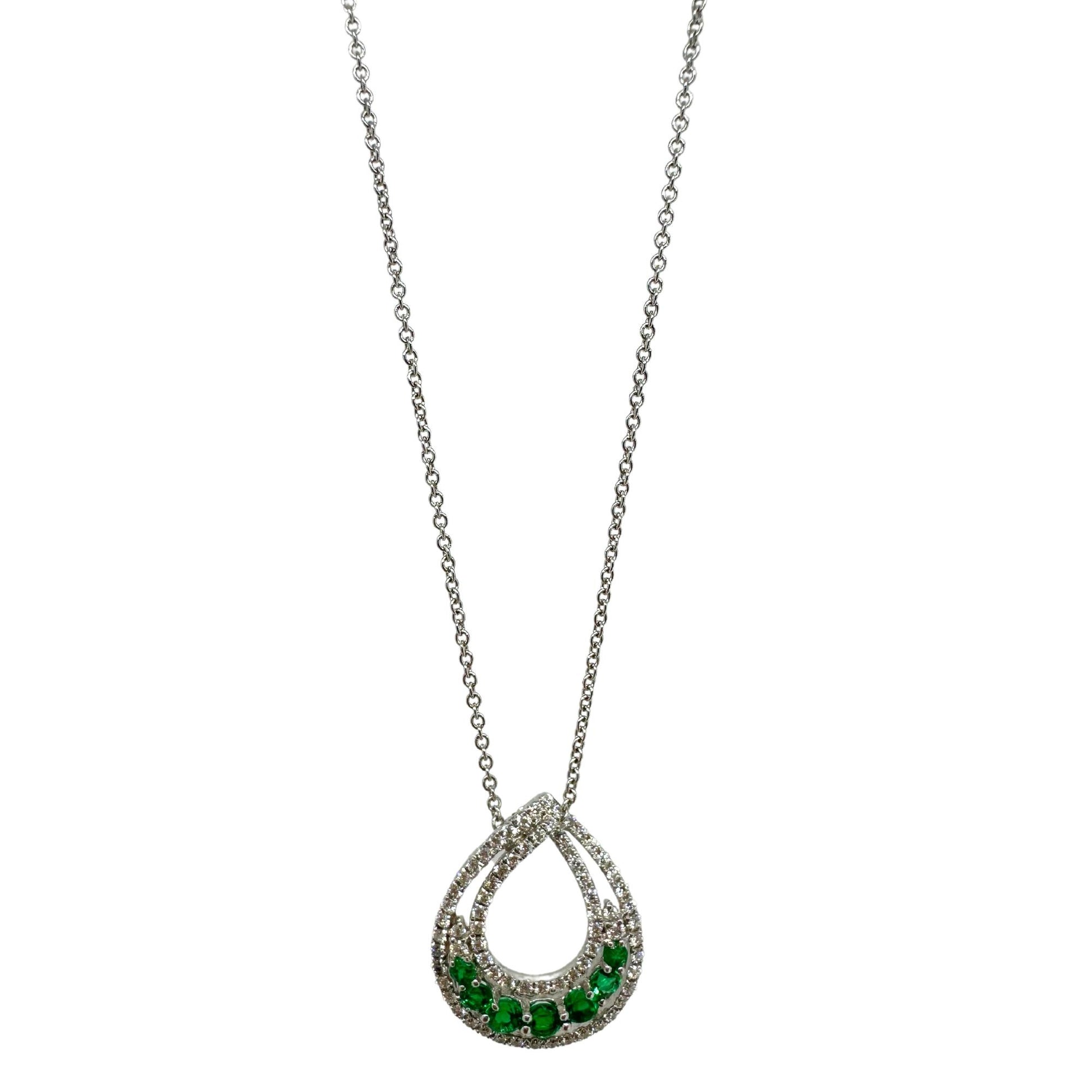 18k White Gold Diamond and Emerald Pendant Necklace