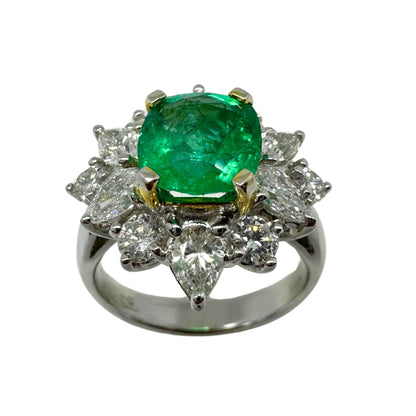 18K White Gold Pear Cut Diamond and Emerald Ring