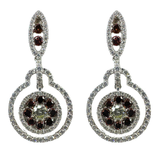 18K White Gold White and Brown Diamond Drop Earrings