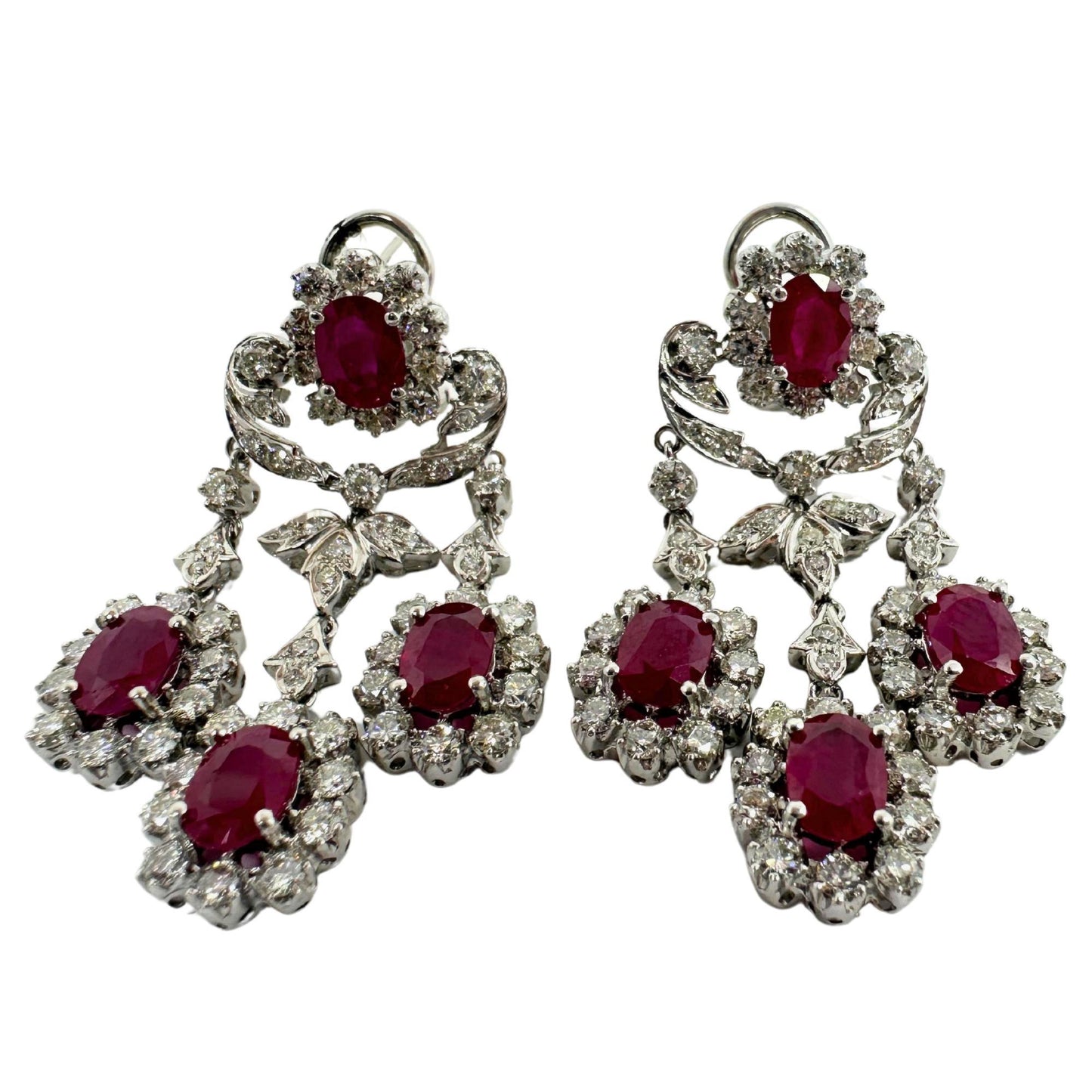18K White Gold 7.88 Carat Oval Cut Ruby and Diamond Drop Earrings