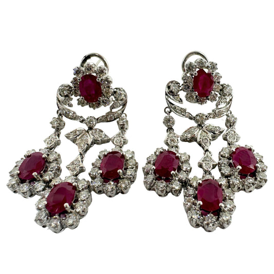 18K White Gold 7.88 Carat Oval Cut Ruby and Diamond Drop Earrings