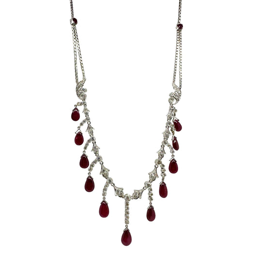 18K White Gold Diamond and Cabochon Ruby Necklace