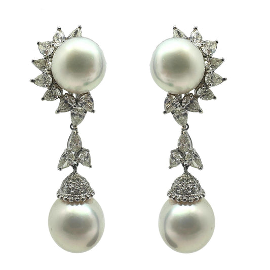 18K White Gold Pear Cut Diamond and Pearl Sunburst Drop Earrings