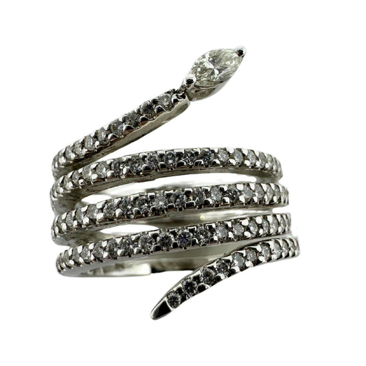 14K White Gold Diamond Coil Snake Ring with Marquise Diamond Head