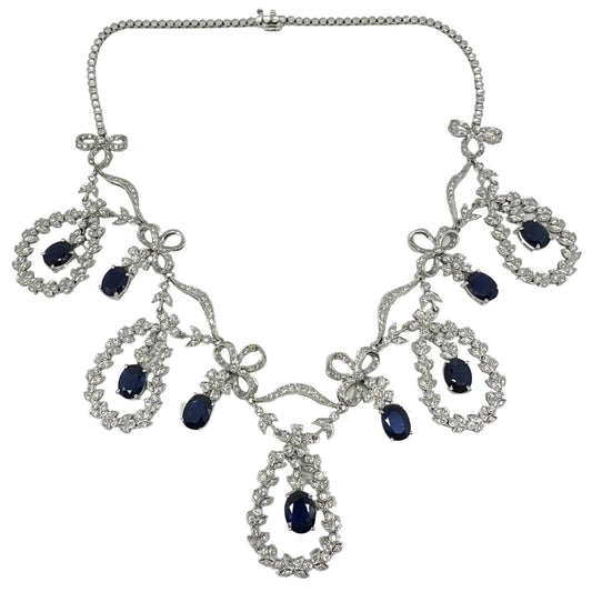 18K White Gold Diamond and Blue Sapphire Necklace