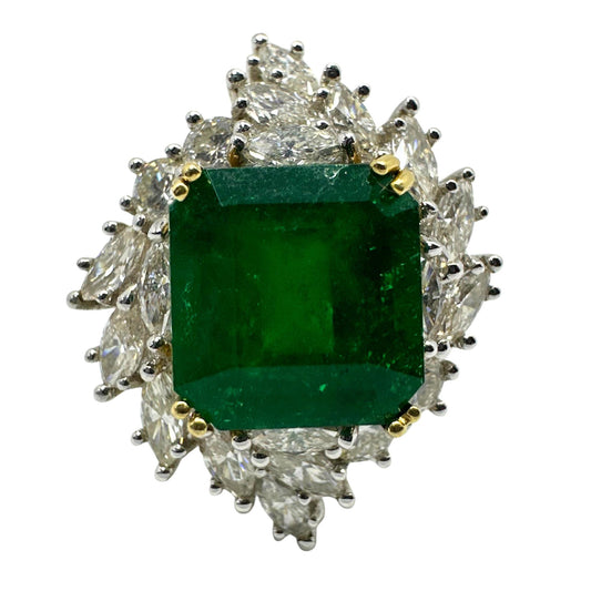 18k Two Tone Marquise Cut  Diamond and Emerald Ring