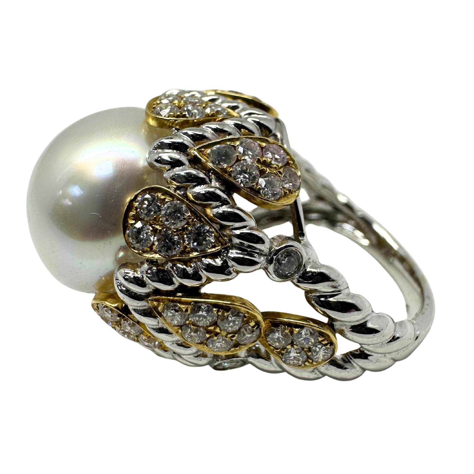 18K Two Tone Diamond and Pearl Cocktail Ring